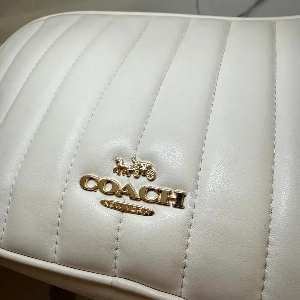 Coach White Quilted Leather Crossbody Bag Dual Zipper Gold Chain Shoulder Purse - Picture 6 of 8